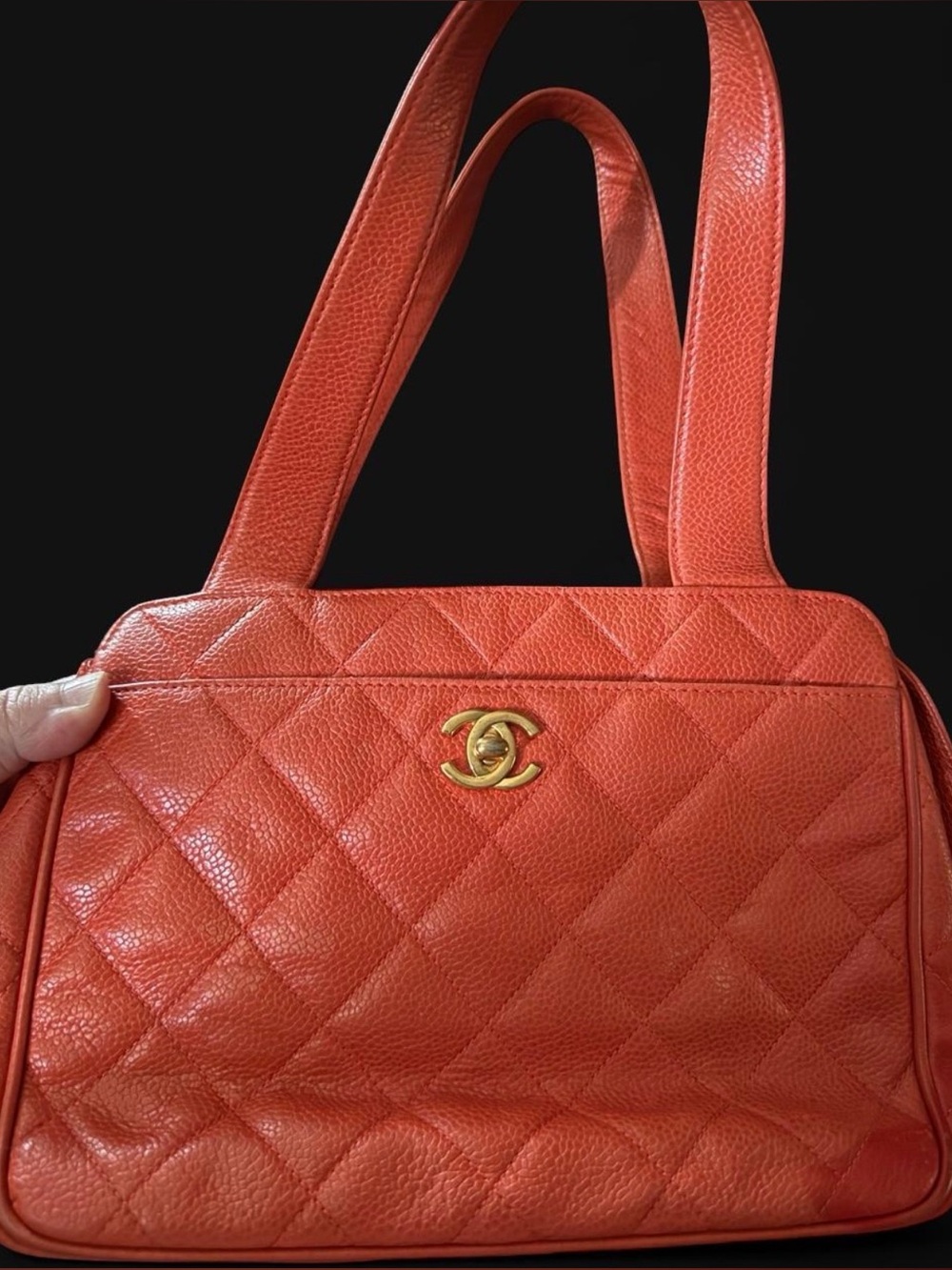 Vintage CHANEL 1996-1997 Orange Caviar Quilted CC Top Handle Bag Auth Card